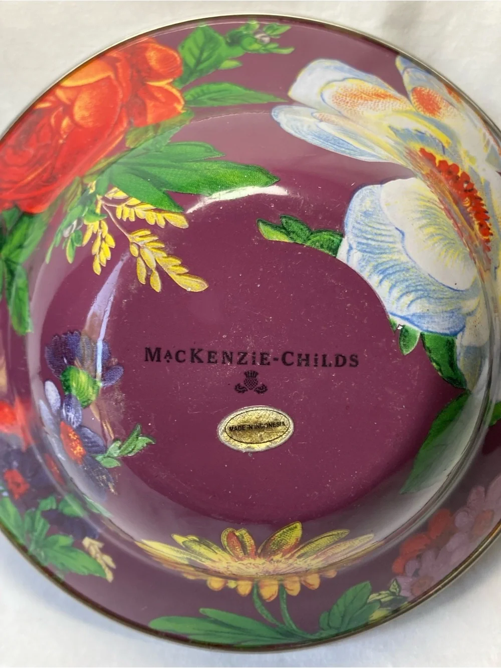 Mackenzie Childs Purple Plum Flower Market Enamelware Salad Soup Bowl 7.75”